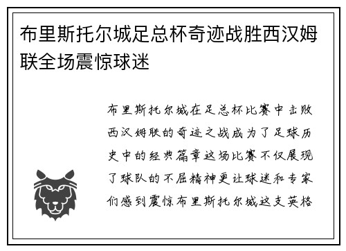 布里斯托尔城足总杯奇迹战胜西汉姆联全场震惊球迷
